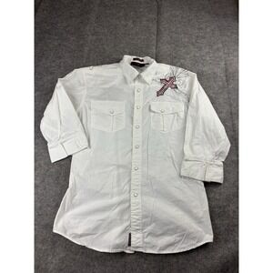 DANESI Shirt Mens M White Embroidered Cross Western Pearl Snap Buckle Cowboy